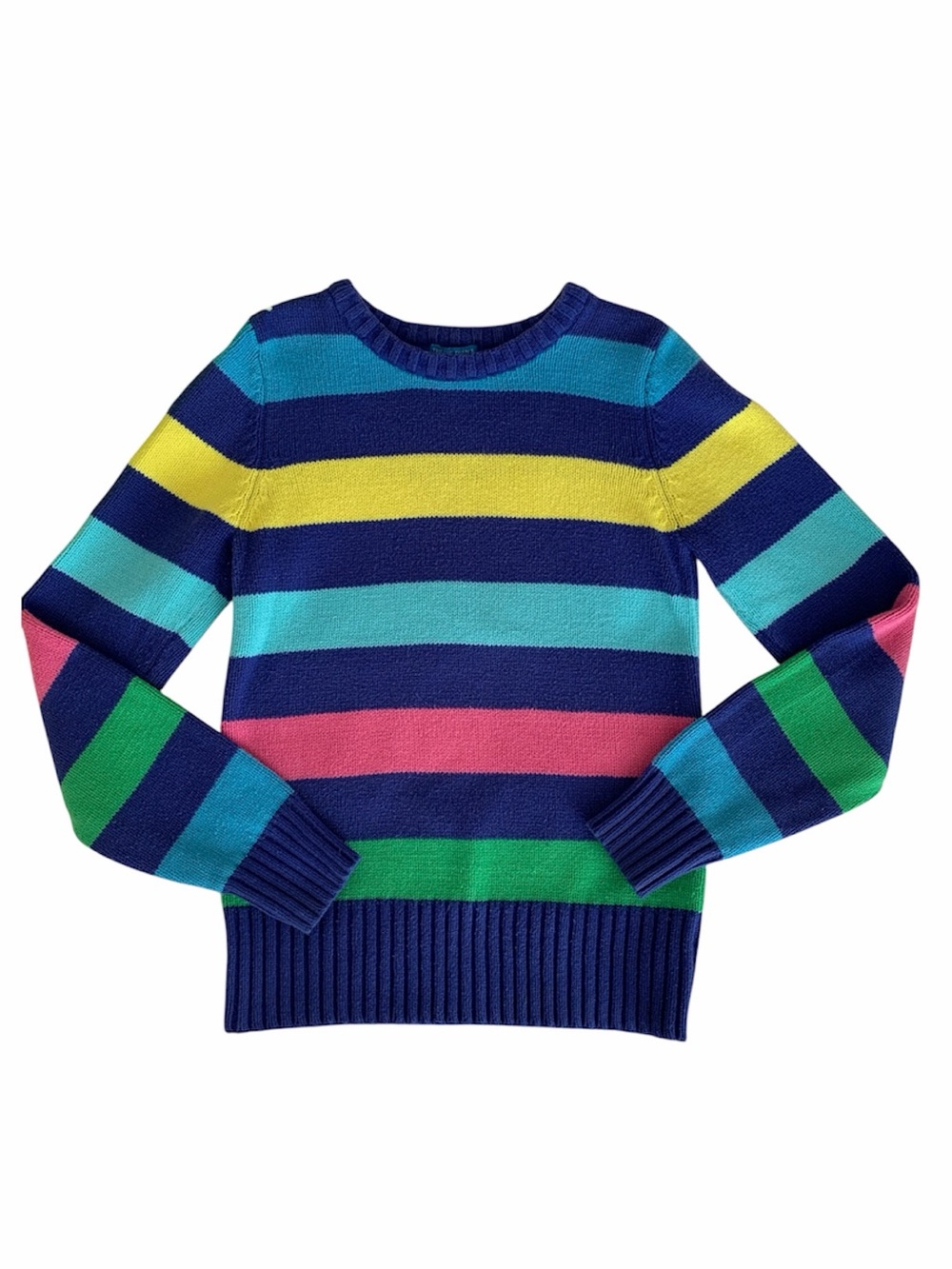 Children’s Place Sweater Girls L (10/12)  Blue Yellow Pink Striped Knit Crewneck